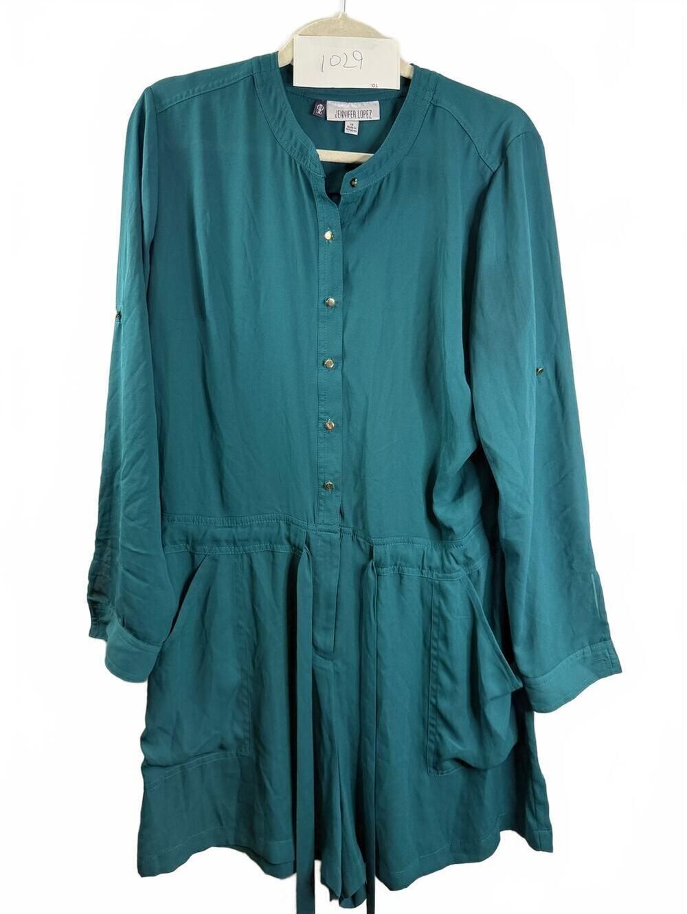 Jennifer Lopez 14 Teal Utility Romper Button Front Roll Tab Sleeves NWT JLO